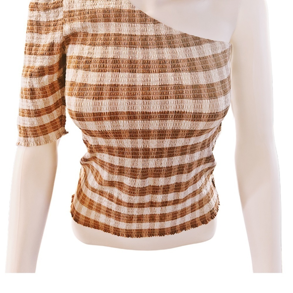 Nation LTD One-Shoulder Smocked Striped Top in Cream and Brown